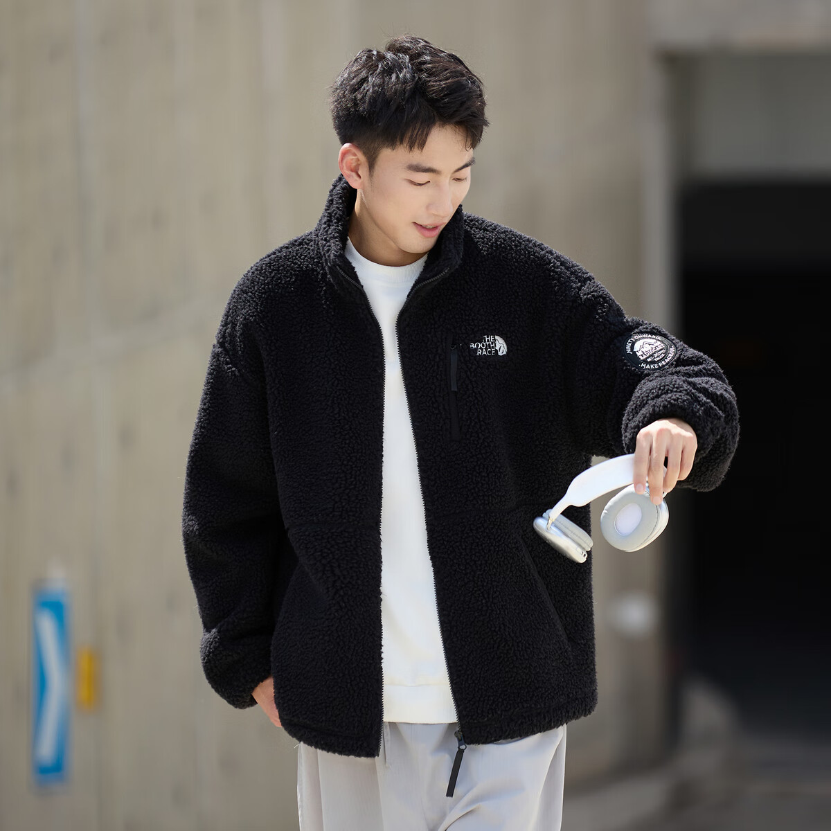 TonLion 2025 Winter Men's Stand Collar Multi-Label Faux Shearling Jacket