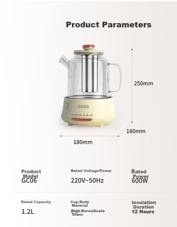 GUGE All-Glass Health Pot, Fully Automatic Water Boiler, No Glue Tea Maker, Office Multi-Functional Tea Brewing Pot, Constant Temperature 12-Hour Heat Preservation Electric Kettle, Water Boiler GC06 10