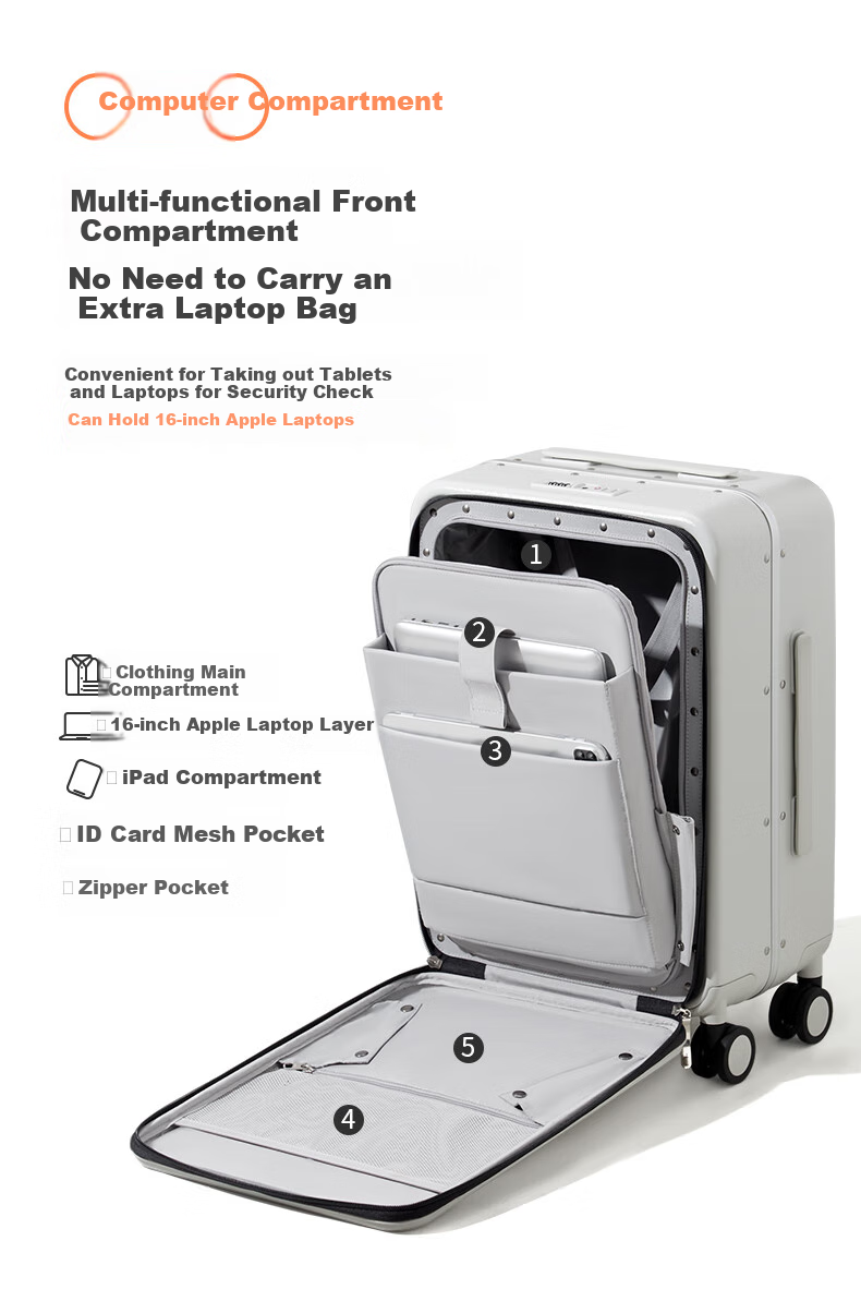 Mixi Front-Opening Aluminum Frame Suitcase, Trolley Case with Password Lock, Large Capacity Luggage for Travel, Carry-On Suitcase for Me 12