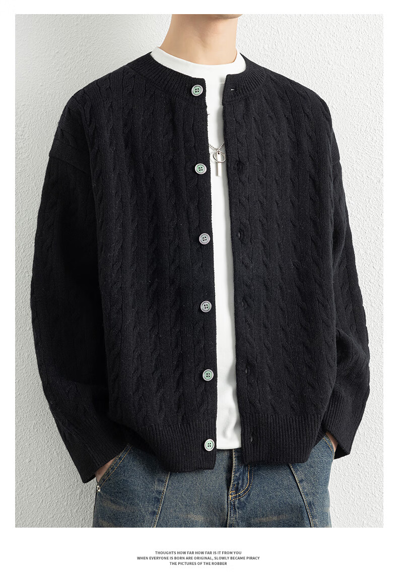 ROMON Men's Knitted Cardigan Spring Autumn Casual Loose Drop Shoulder Sweater Round Neck Jacket Black M 7001 8
