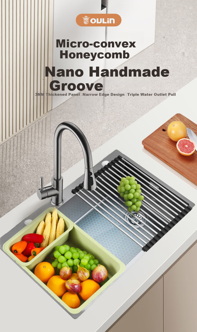 OULIN Kitchen Sink, Large Single Basin, Scratch-Resistant Textured 304 Stainless Steel Sink, Pull-Out Faucet, Thickened 3.0 1