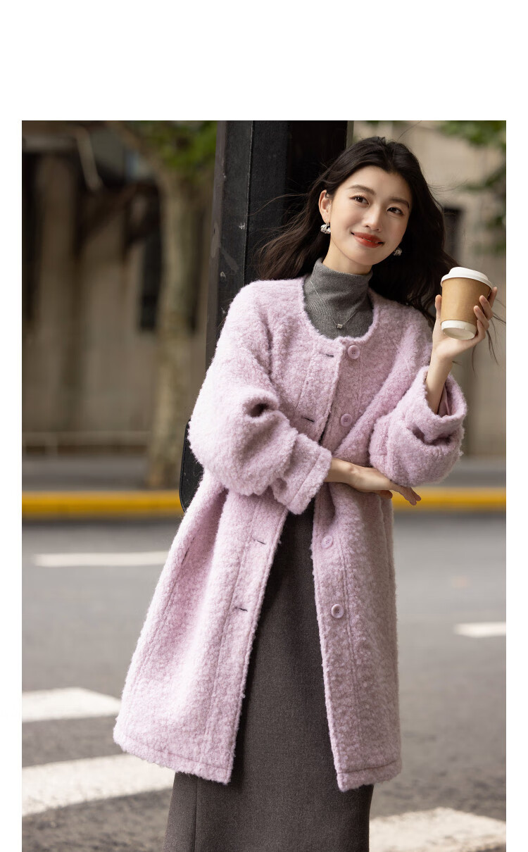 Demana Warm Wool Loop Fleece Winter Elegant Round Neck Mid-Length Loose Fit Women's Coat for Petite 1