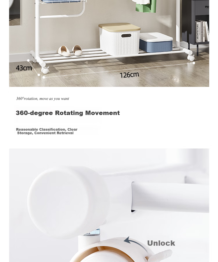 Yicainianhua Clothes Drying Rack, Floor-Standing Movable Balcony Clothes Hanger, Indoor Clothes Rack, Drying Pole, White Clothes Stand, 2266 9
