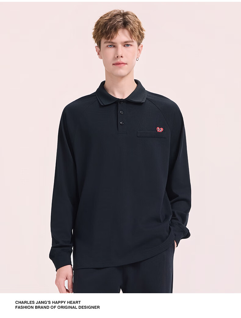 Charles Peach Heart Vintage Polo Shirt Unisex Autumn Trendy Loose Fit Classic Collar Solid Color Couple Long Sleeve Light Heather Gray XS 2