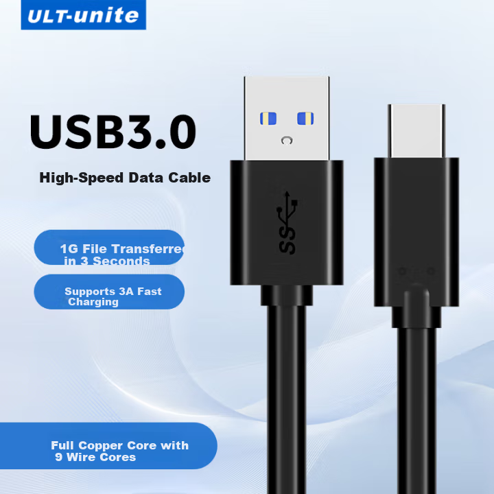 Кабель USB 3.0 ULT-unite Type-C, 1 метр, черный, для быстрой зарядки и передачи данных 5 Гбит/с