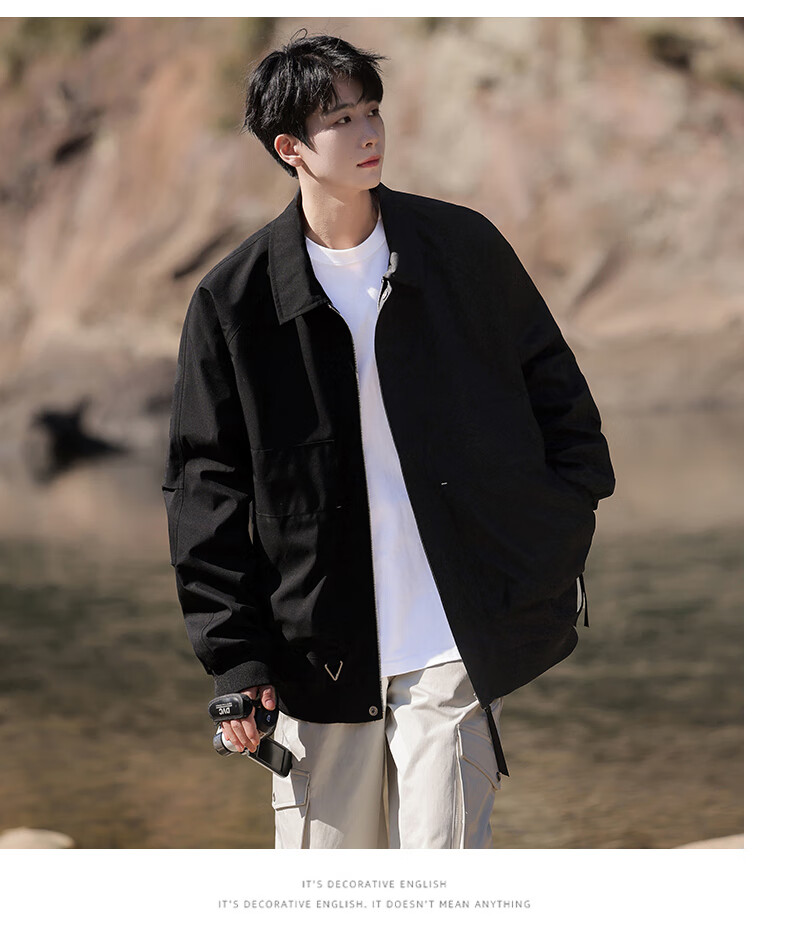 Foss Phil Men's Jacket, Spring And Autumn Casual Loose Fit, Japanese Retro Simple Solid Color Coat for Men, 2510 Amber Black 2XL 6