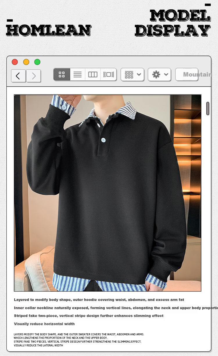 Homlean American-Style Faux Two-Piece Sweatshirt for Men, Spring Heavyweight Long-Sleeve College Style Casual Lapel Top HX51 Black 2XL 8