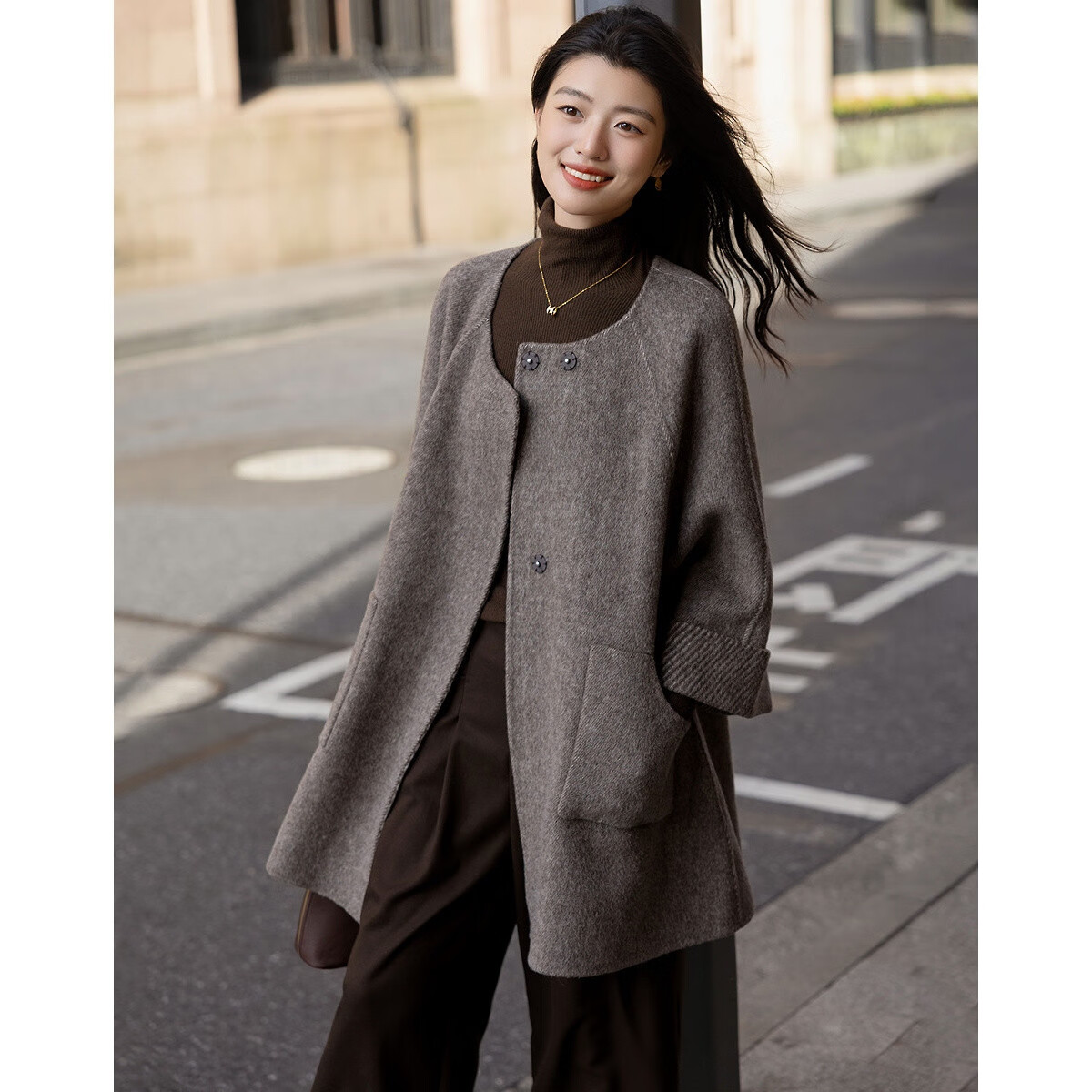 Demana [Quiet Luxury Wardrobe Formula] Winter Fluffy Wool Thick Round Neck Loose Double-Sided Woolen Coat for Women
