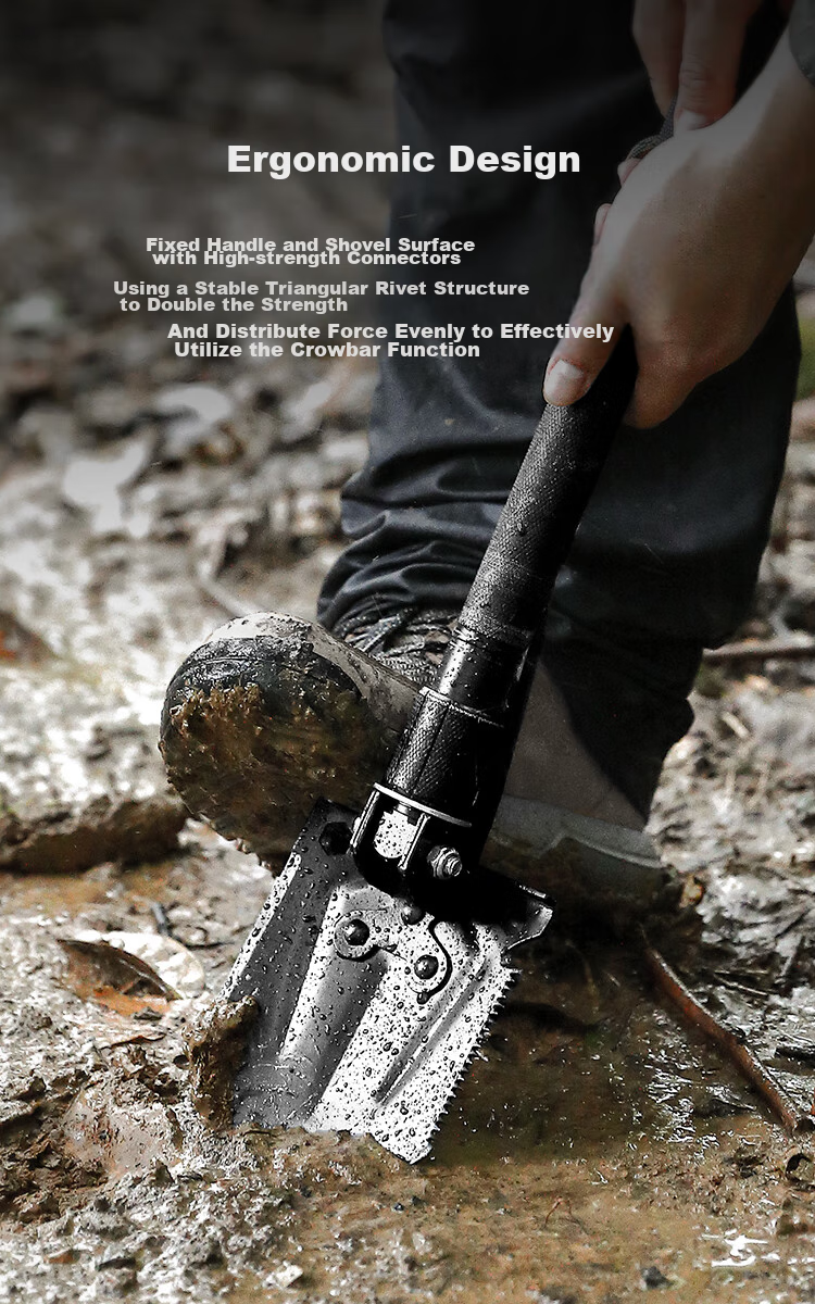 JD Original Outdoor Military Shovel, Multi-Functional Car-Mounted, Thickened Iron Spade, Foldable Fishing Outdoor Off-Road Triangular Handle Shovel for Snow 9
