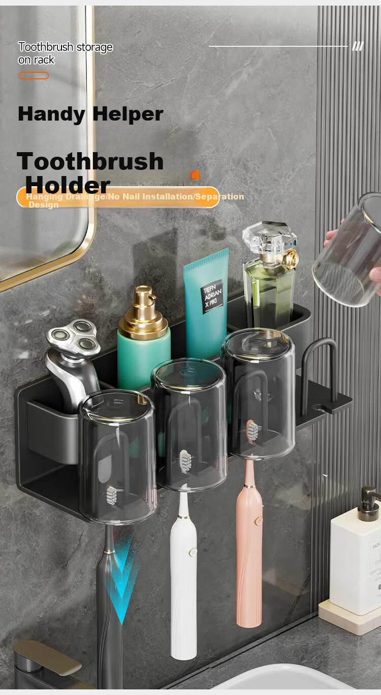 Jiabangshou Toothbrush Holder, No Drilling Required, Mouthwash Cup Wall-Mounted Toothbrush Rack Storage Shelf, Bathroom Toothbrush Cup Holder, Four Cups 3