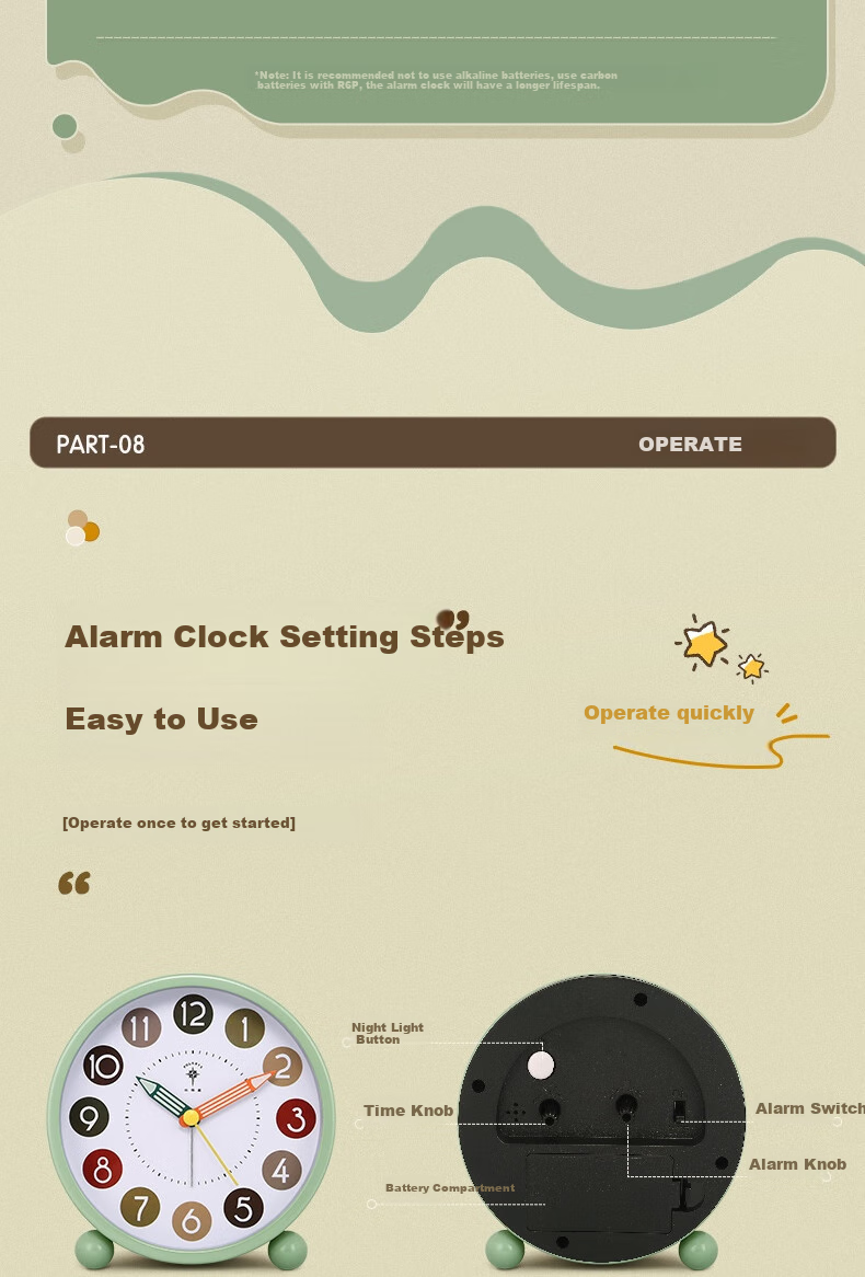 POLARIS Alarm Clock, Cartoon Night Light for Children, Student Bedside Clock, Mechanical Bell, Lazy Alarm Clock, Mung Bean Gray 12