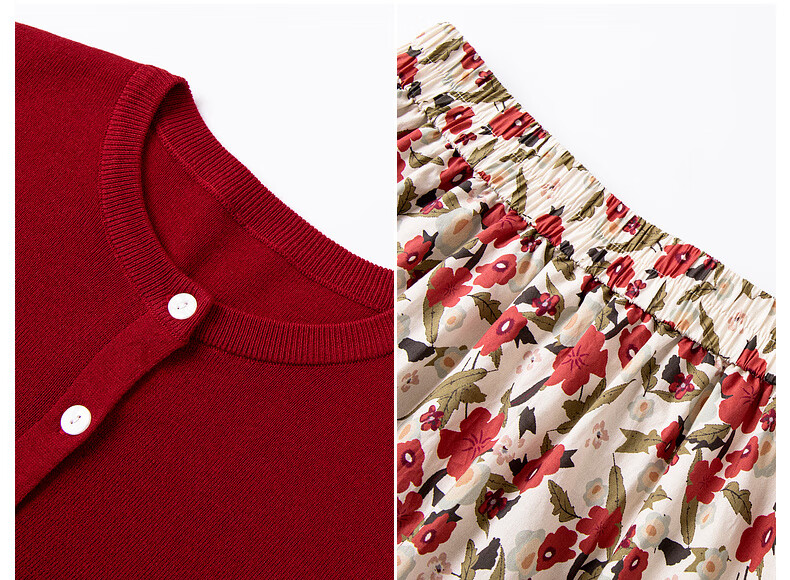Fanximan Holiday Style Casual Set Women Autumn New Knitted Top and Skirt Two-Piece Set Apricot Base Red Floral L 3