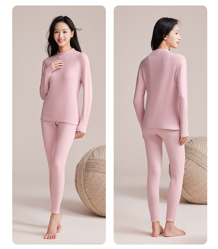 Hongdou Women's Thermal Underwear Set with Cashmere and Mulberry Silk, Semi-Turtleneck Brushed Base Layer Autumn Top and Bottom 1