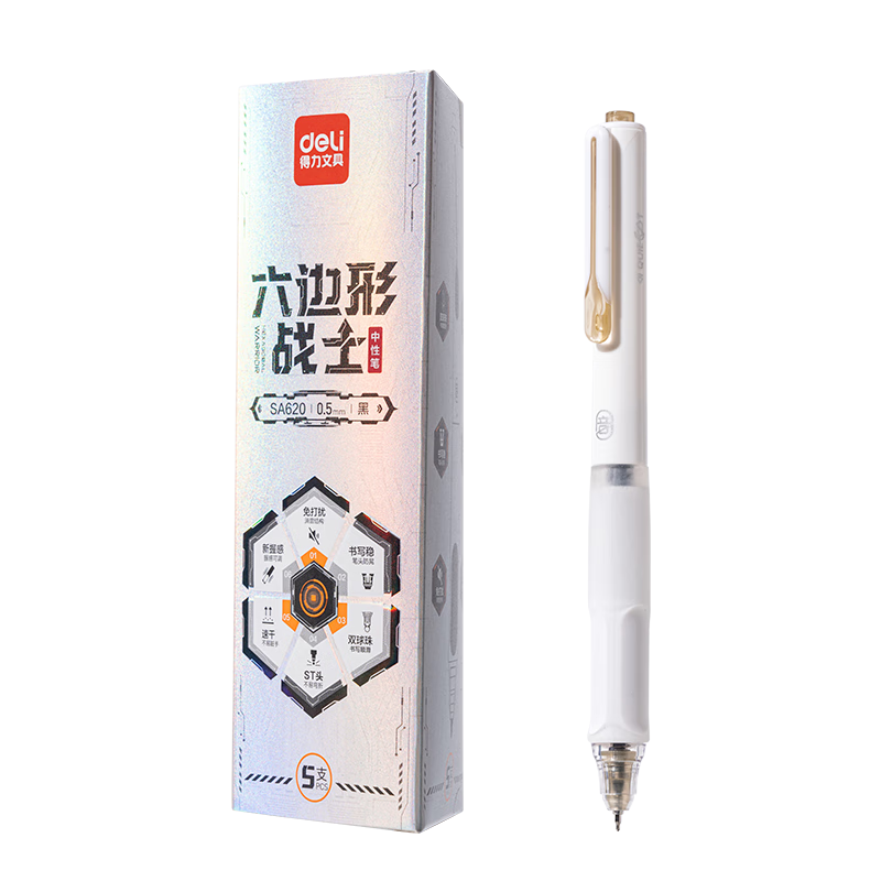 Deli Hex Warrior 0.5mm Dual Ballpoint Quick-Dry Gel Pen Black 5pcs/Box SA620