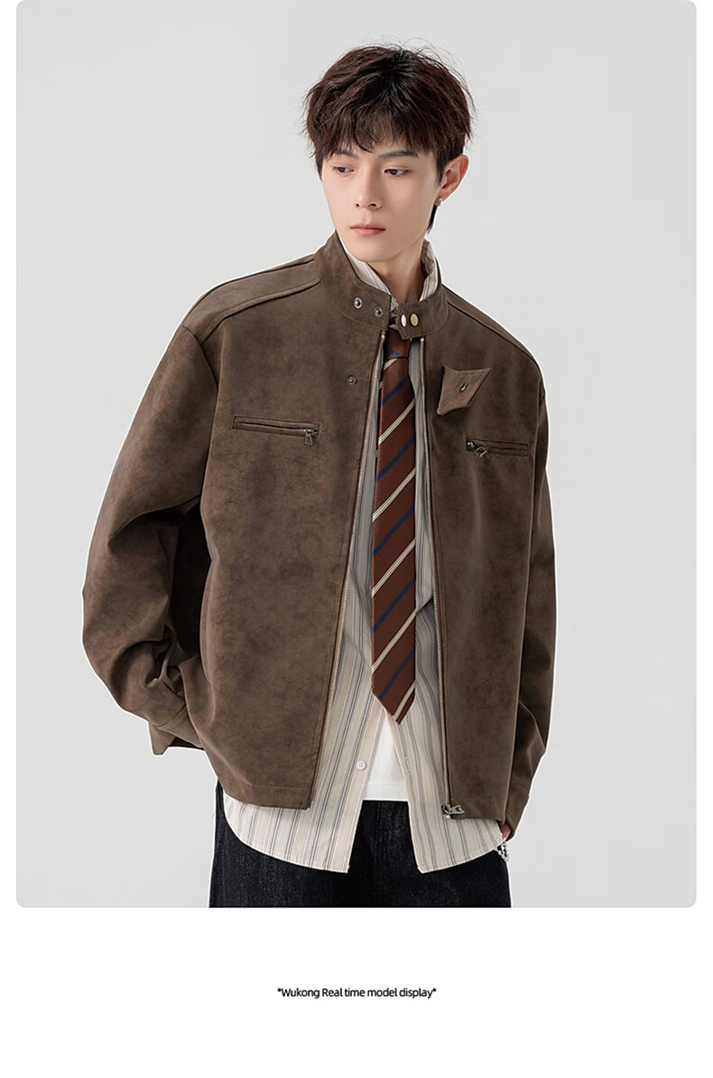 Foss Phil Men's Autumn Winter American Vintage Loose Casual Stand Collar Tie-Dye Leather Jacket J5238 Brown XL 11