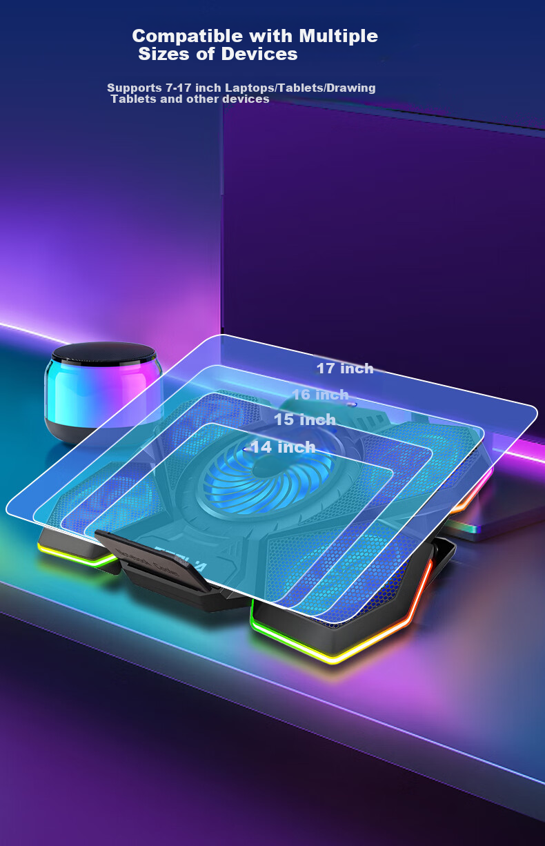ECOLA Gaming Laptop Cooling Stand, Douzhanzhe Zhans7000 Gaming Five-Fan Cooler with Ten RGB Colorful Light Effects + 7 Adjustable Height Settings NBC-T907 BK 13
