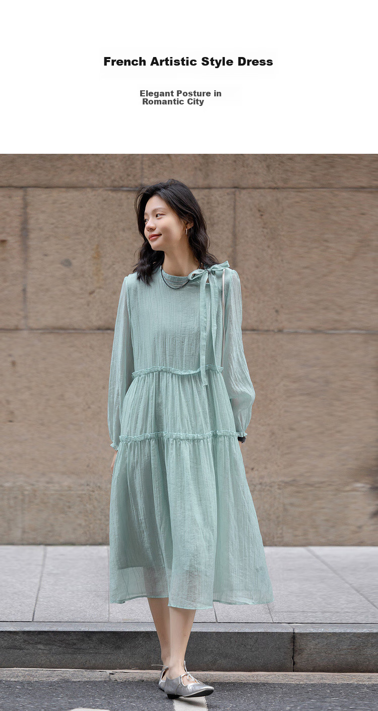 Dme [Boleng Zhilian] Spring French-Style Split Ruffle Trim Round Neck A-Line Concealing Mid-Length Women's Dress 2
