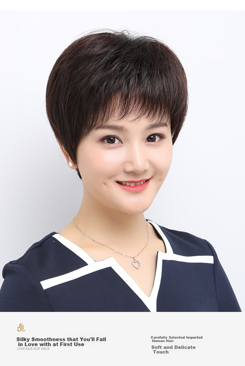 Baisitang Women's Short Wig Full Head Cover Short Straight Hair for Middle-Aged And Elderly Mothers, One-Size Wig Made of Real Hair (Dark Brown) 2