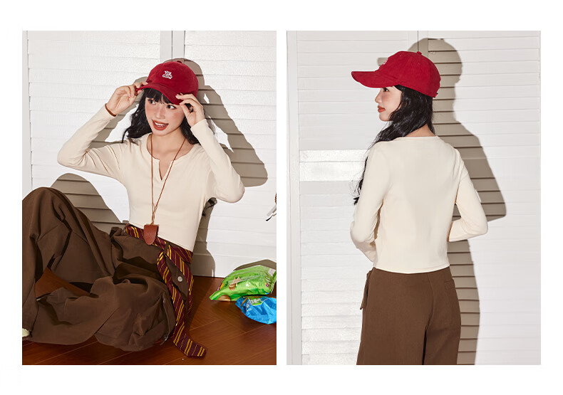 TonLion Women's Long Sleeve Cotton High Elasticity Solid Color Slim Fit V-Neck T-Shirt Autumn Winter New Design Top 5