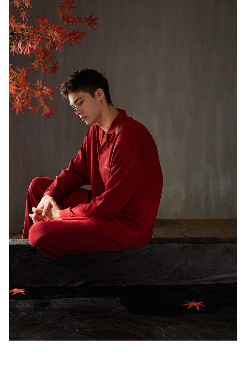 Caramella Men's Red Homewear Autumn Winter Soft Cotton Pajama Set Couples Festive Wedding Sleepwear 6