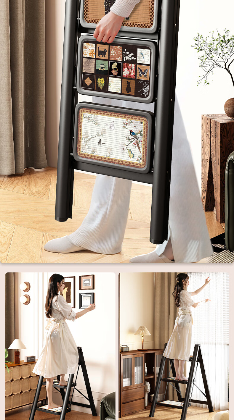 YuanNai Vintage Style Household Folding Telescopic Small Ladder Step Stool Portable Indoor Thickened White Four-Step Ladder 1