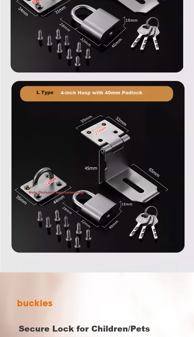 Dipuer Thickened Stainless Steel Lock Latch Bolt Door Bolt, Old-Style Padlock Latch, Right-Angle Door with Lock Nose 3