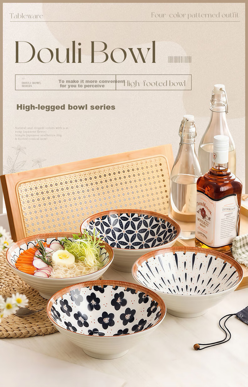 JIWUSENLIN Ceramic Noodle Bowls, Conical Bowls for Home Use, Large Bowls, Tableware, Ramen Bowls, Soup Bowls, Random Floral Patterns, 8 Inches, Set of 4 1
