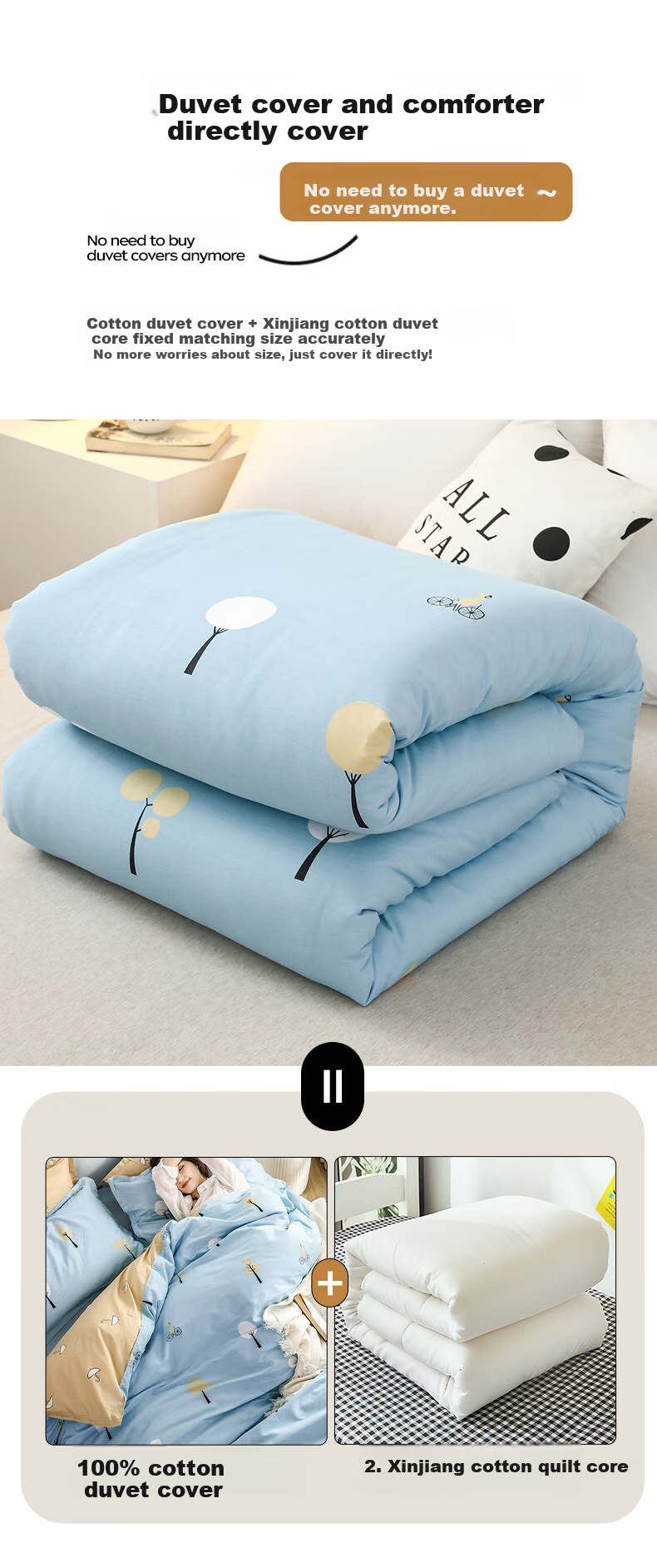 Yunjin Cotton Quilt with Duvet Cover, All-Cotton Xinjiang Cotton Comforter, Single Bed Autumn And Winter Quilt, 6 Jin (3 Kg), 150x200cm, Starry Gray 2