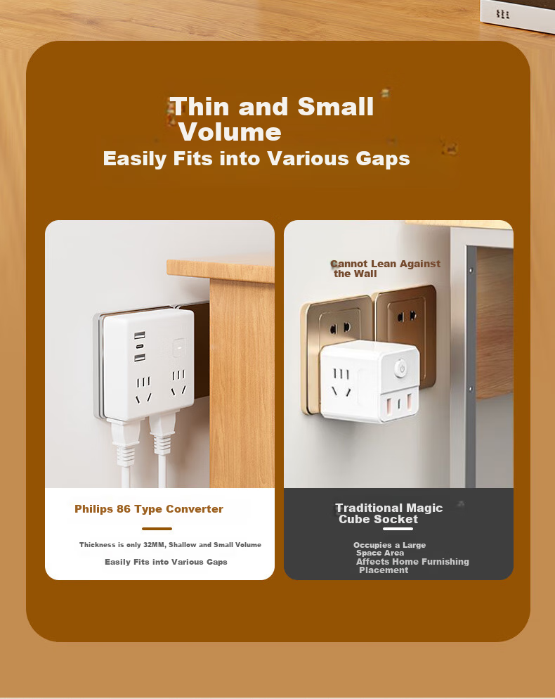 PHILIPS Mini USB Socket Expander 12W 1A1C Converter 3-Outlet Extension Socket Dorm Wall Bedside Multi-Function Wireless 1-to-5 Socket Adapter 5