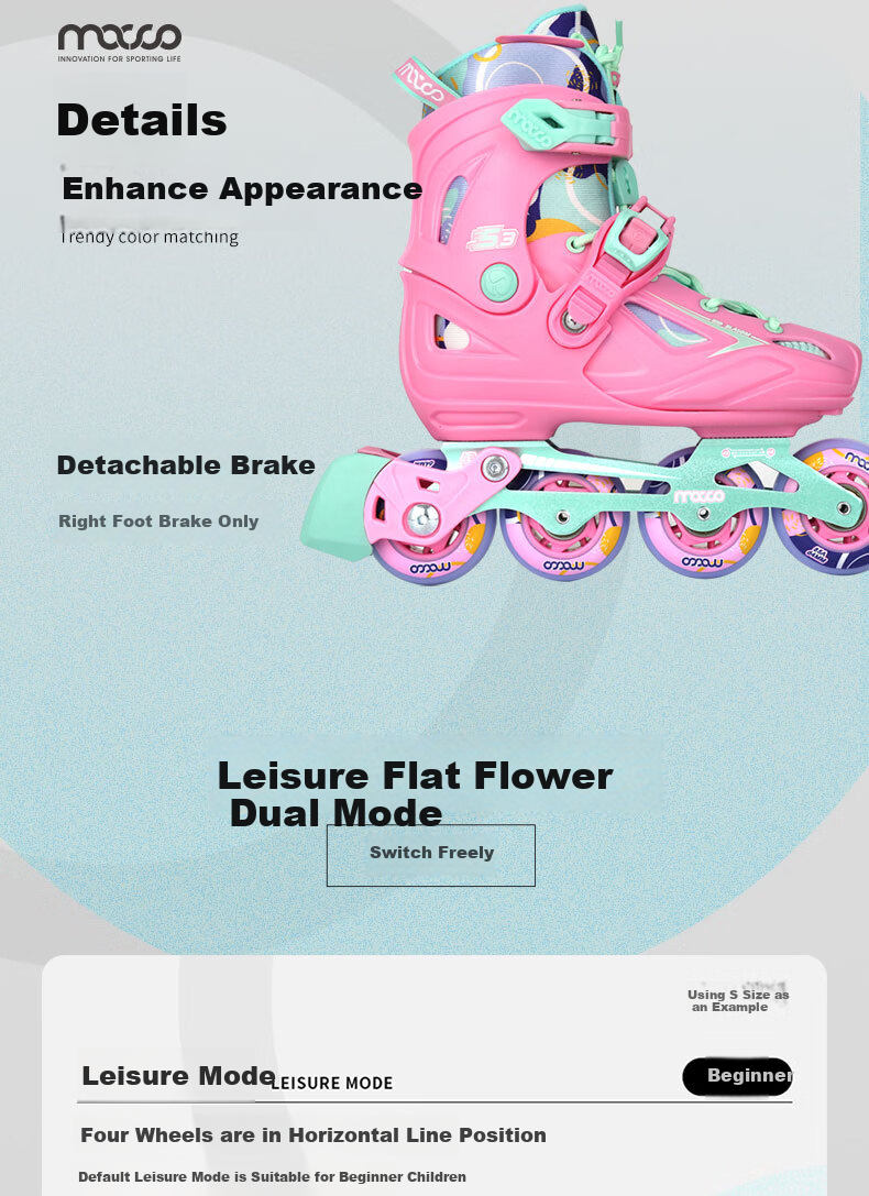 Migao Roller Skates for Children, Inline Skates for Girls, Beginner's Roller Skates for Primary And Secondary School Students, Inline Roller Skates, S3 Set in Pink, Size L 8
