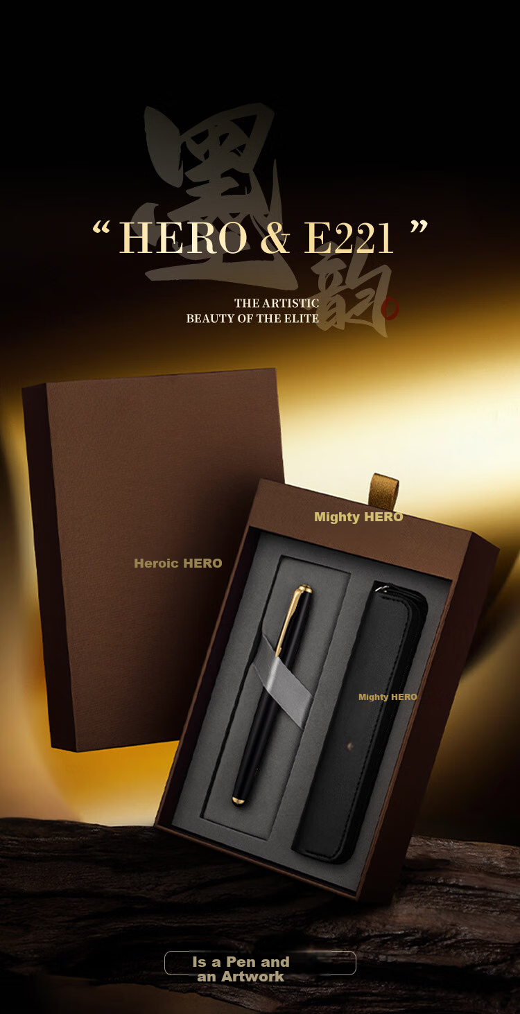HERO Fountain Pen And Signature Pen E221 Ink Flowing Fragrance Gift Box, Mid-Autumn Festival, National Day, Birthday Gift for Men And Women, High-End Business Stationery Gift, Glossy Black with Gold Clip 2