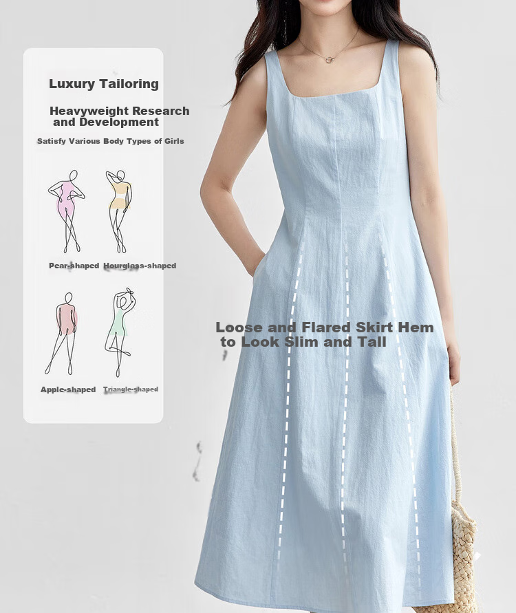 Shangdu Bila 100% Cotton A-Line Dress Women Summer Slim Waist Spaghetti Strap Square Neck Casual Mid-Length Dress 9