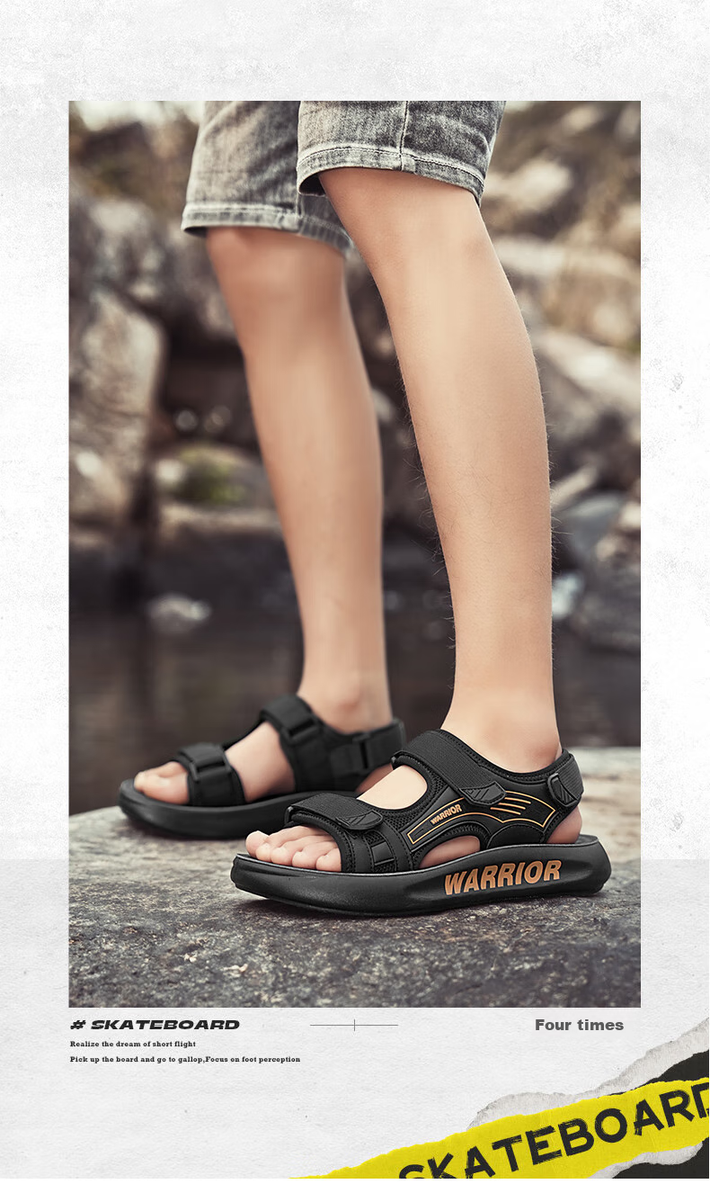 Warrior Men's Sandals 2026 Summer New Non-Slip Odor-Resistant Outdoor Water Shoes Beach Shoes Black Size 42 12