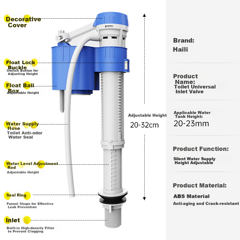 Haili Water Tank Accessories, Toilet ABS Inlet Valve, 20-32cm, Odor-Resistant, Adjustable SJ02 Blue
