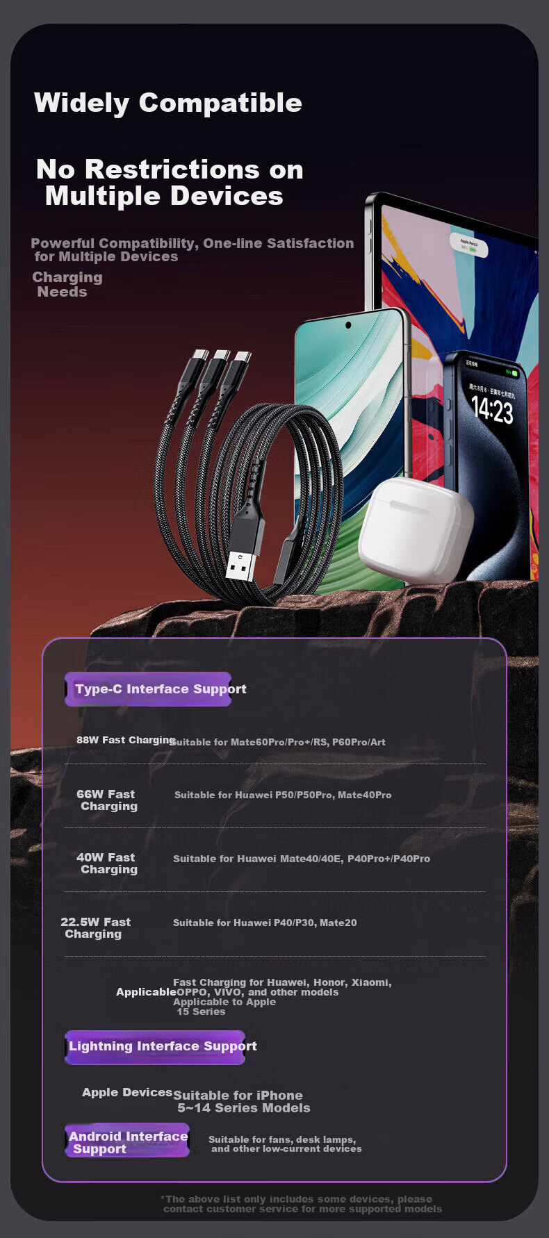 KOVOL [Core Upgrade] Data Cable Three-In 5A Fast Charging 88W Compatible with Huawei, Xiaomi, Type-C Android Phones Charging Cable for Apple 14/Oppo/iPhone One-To 9