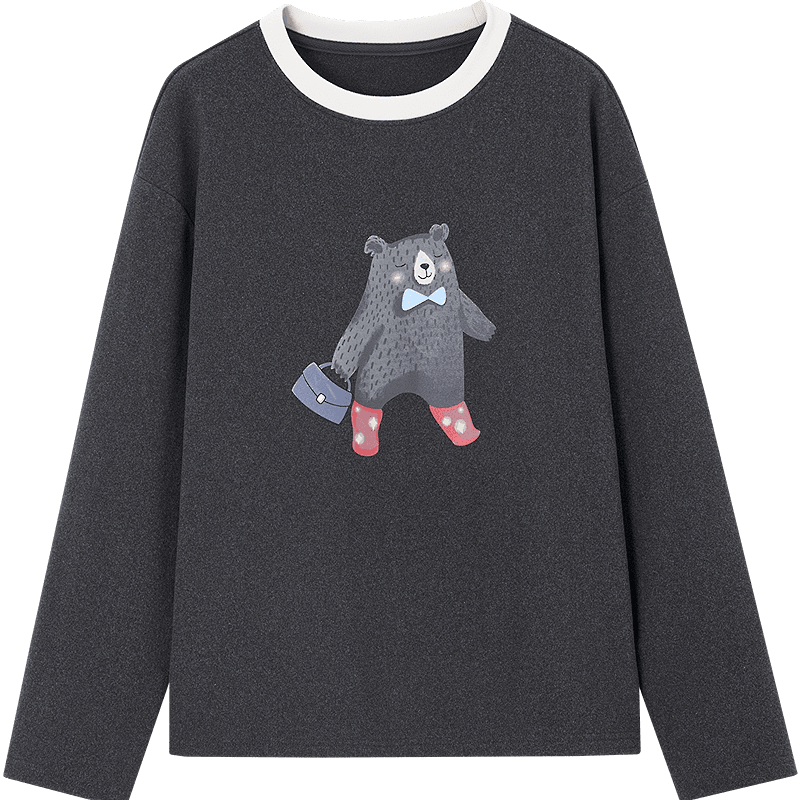 Demana 280G Thermal Velvet Warm Winter Korean Style Colorblock Crewneck Bear Print Petite Women's T-Shirt