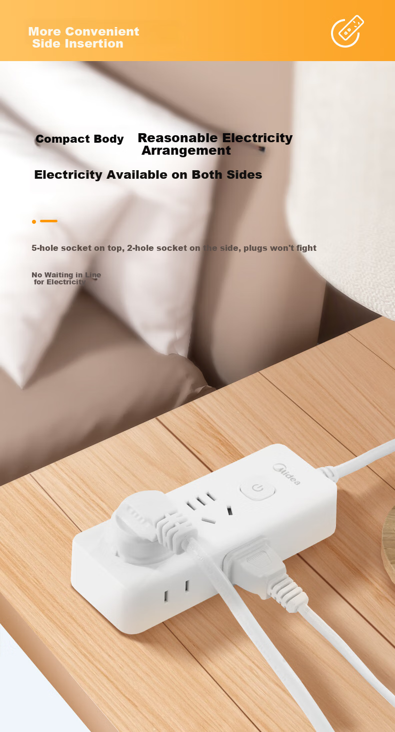 Midea New National Standard Power Strip with Switch/extension Cord/Power Bar/strip Board/terminal Block, Master Switch 4 Outlets Side Insert Full Length 1.8 Meters EP3KC25 5