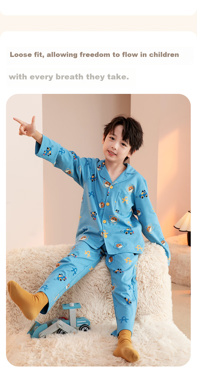 Fenteng Children's Pajamas for Girls, Antibacterial Pure Cotton Spring Cartoon Long-Sleeve Sleepwear for Older Kids 15