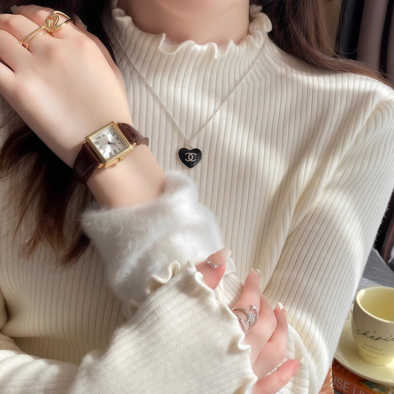 YUZHAOLIN Half Turtleneck Fleece Lined Ruffled Edge Sweater Women Autumn Winter Thickened Knitwear Warm Top