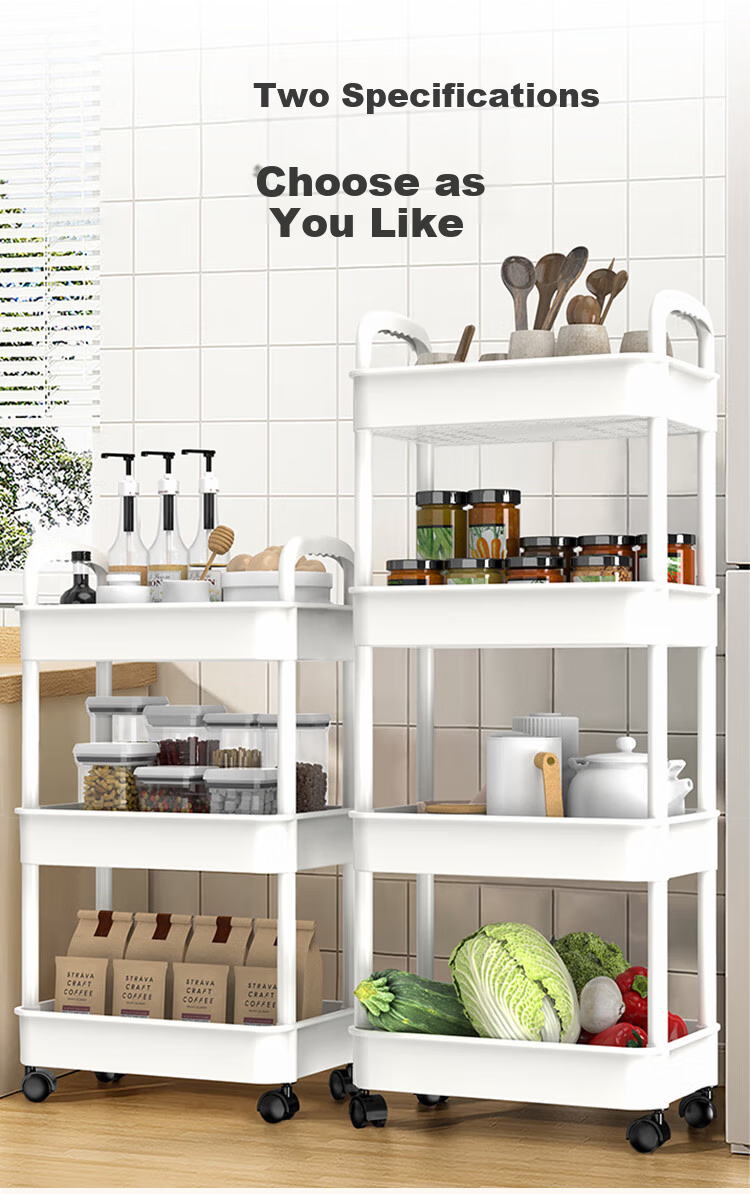 Jinlongxing Kitchen Trolley Storage Rack, Multi-Layer Baby Supplies Bathroom Floor Vegetable Snack Movable Storage Shelf, 4 Tiers 8