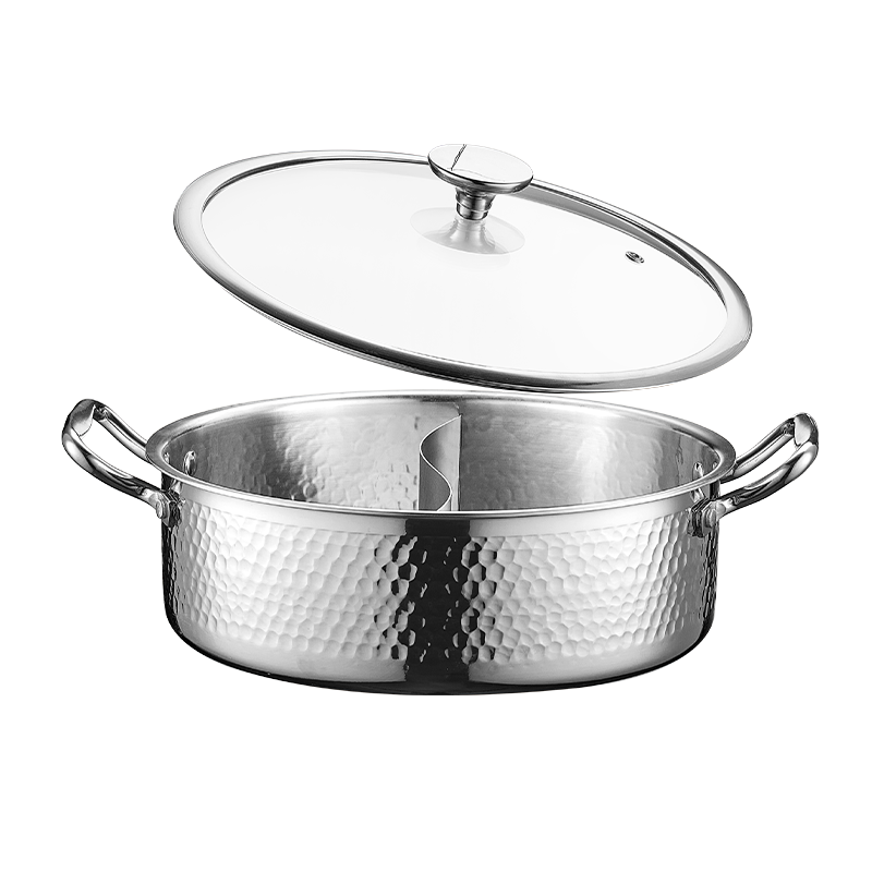 JD Original Double-Sided Hot Pot, Stainless Steel Hammered Pattern Household Shabu-Shabu Pot [Thickened 304 with Spoon And Chopsticks Included], 28CM