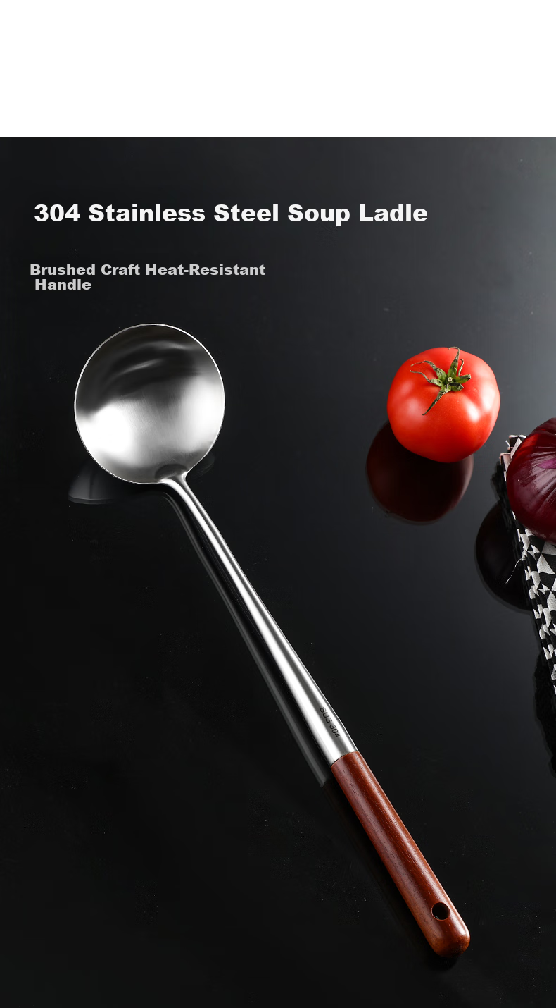 Canjiangjun 304 Stainless Steel Large Soup Ladle, Household Long-Handled Anti-Scalding Heat-Resistant Wok Ladle with Rosewood Handle, Frying Ladle, Porridge Ladle 1