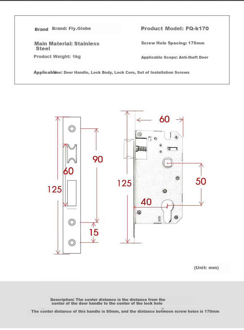 Fly.Globe Door Lock, Interior Bedroom Door Lock, Anti-Theft Stainless Steel Lock, Solid Wood Door Handle K170 3