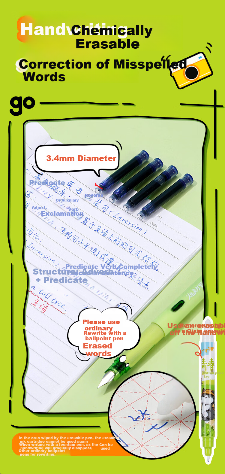 COMIX Wuhuang Cat Posture Correction Fountain Pen for Students' Handwriting Practice, 0.38mm EF Fine Nib Stainless Steel Pen Tip, EF Fine Nib Ink Cartridge, 4 Pens for Third-Grade Elementary School Students Back-To Seaso 3