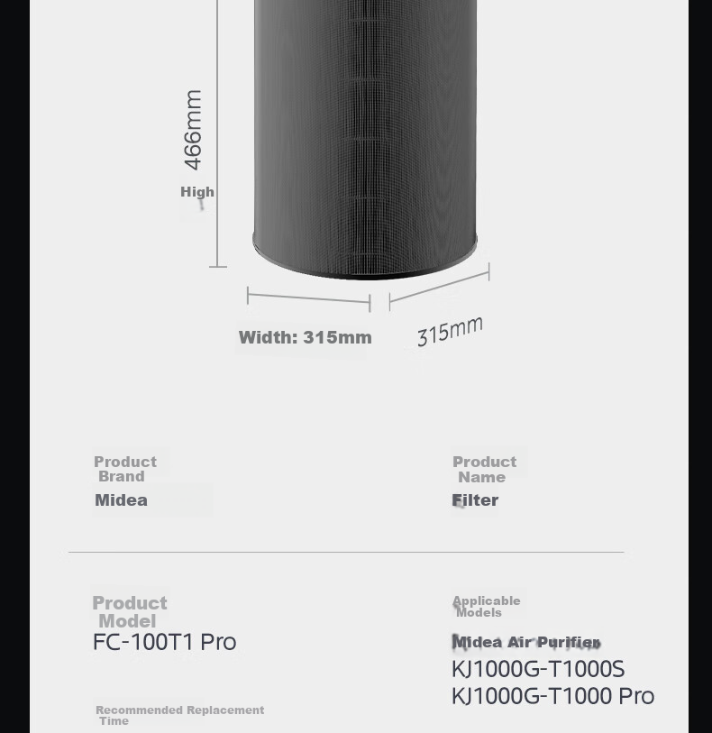 Midea [Original Genuine Product], Air Purifier Filter, Removes Formaldehyde, Haze Particles, Purifier T1000 Pro Original Filter FC-100T1 Pro [Accessory] 13