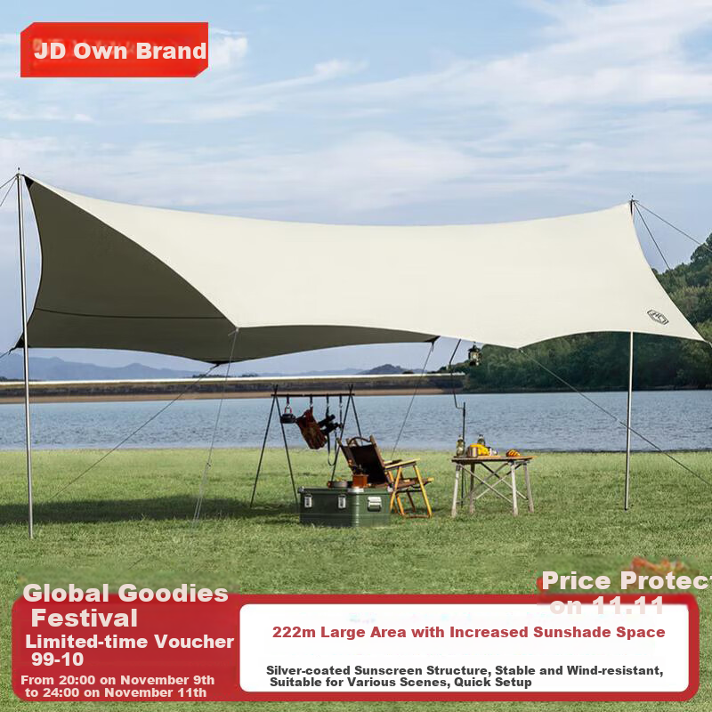 JD Original Butterfly-Shaped Silver-Coated 22-Square Outdoor Camping Hexagonal Canopy Tent, Sunshade, Picnic, Sun Protection, Rainproof Awning for 6-10 People