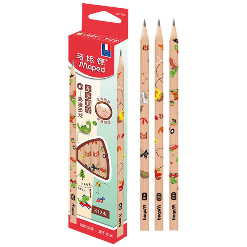 Maped Colorful Dinosaur Wooden Pencil HB, Triangular Pencil for Calligraphy Practice And Sketching, Student Posture Correction Writing Practice Pencil, 851210CH [12 Pcs/box]