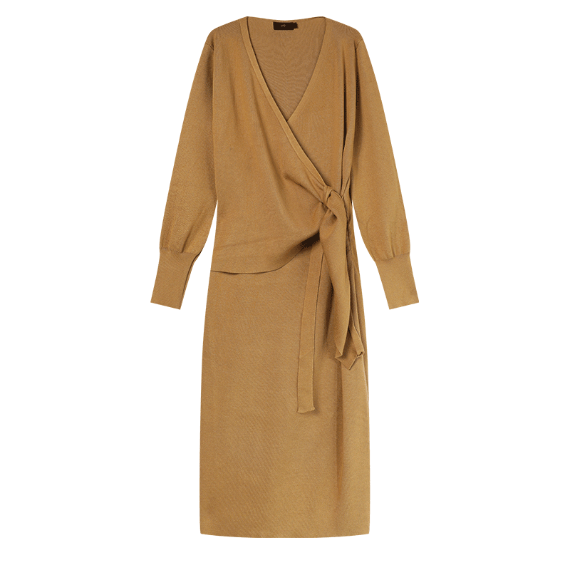 LOUISYAO Spring Autumn V-Neck Tie Design Slim Fit Slightly Stretchy Mid-Length Elegant Knit Dress Dark Coffee L