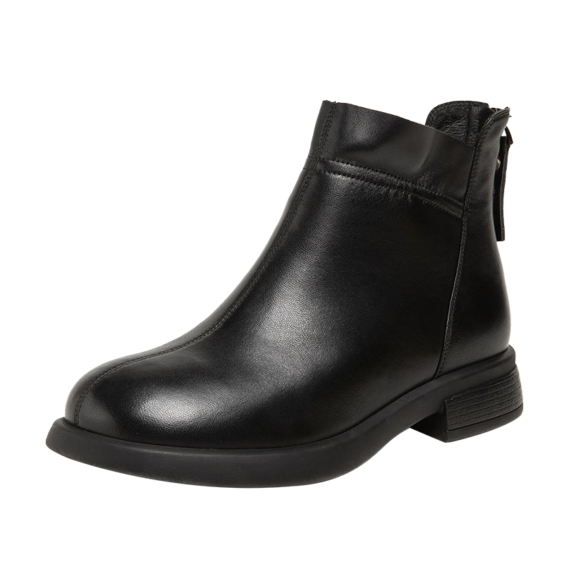 Fugui Bird Genuine Sheepskin Leather Ankle Boots Women Autumn Winter Fleece Lined Warm Fashion Boots Round Toe Chunky Heel Black Fleece Lined Size 37