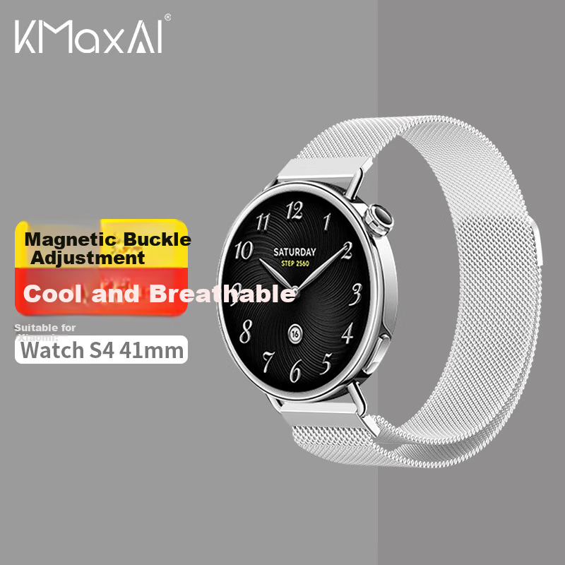 KMaxAI Compatible with Xiaomi Watch S4 41mm Milanese Loop Strap, Magnetic Metal Watchband for Xiaomi Watch S4, Stainless Steel Braided Women's Summer Watch Chain, Silver
